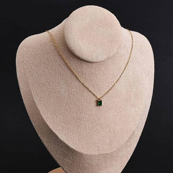 304 ожерелья из нержавеющей стали с прямоугольным кулоном цвета папоротника и зелеными стразами, ионное покрытие (ip)