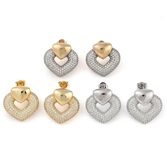 Серьги-гвоздики в форме сердца из прозрачного кубического циркония, украшения из латуни для женщин