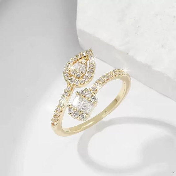 Brass Micro Pave Cubic Zirconia Teardrop & Rectangle Cuff Open Rings for Women