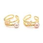 Brass Micro Pave Cubic Zirconia Cuff Rings, Open Rings, with Natural Fresh Water Pearl & Shell, Long-Lasting Plated, Butterfly