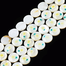Natural Freshwater Shell Enamel Beads, Flat Round with Flower
