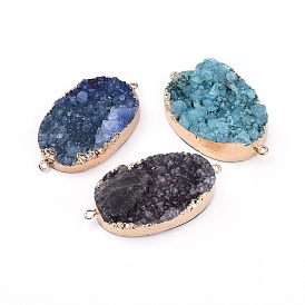 Electroplated Natural & Dyed Druzy Quartz Links Connectors, with Brass Findings, Oval, Golden