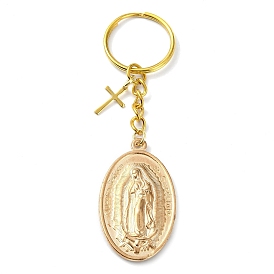 Oval with Virgin Mary Alloy Keychain, with Cross Charm Iron Split Key Rings, Religion