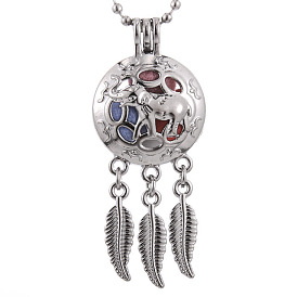 Alloy Diffuser Locket Pendants, with Elephant Pattern, Excluding Chain, Woven Net/Web with Feather