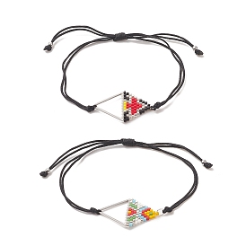 Bracelet en perles de verre tressé triangle tressé, avec 304 losange en acier inoxydable, bracelet réglable en nylon tressé pour femme