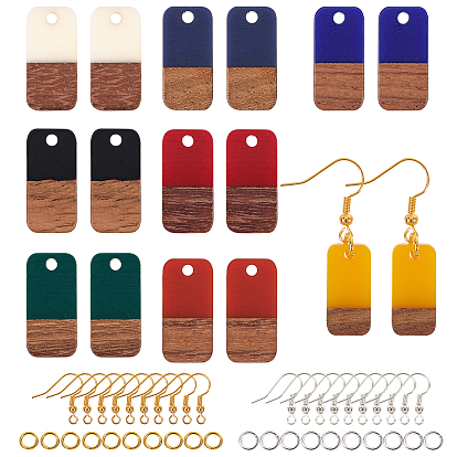 Kits de fabricación de pendientes colgantes de bricolaje, incluyendo colgantes de resina y madera de nogal, Ganchos del pendientes de latón, anillos de cobre amarillo del salto, Rectángulo