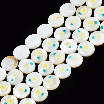 Natural Freshwater Shell Enamel Beads, Flat Round with Flower