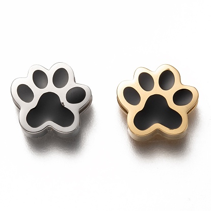 304 Stainless Steel Slide Charms, Enamel Style, Paw Print, Black