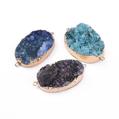 Electroplated Natural & Dyed Druzy Quartz Links Connectors, with Brass Findings, Oval, Golden