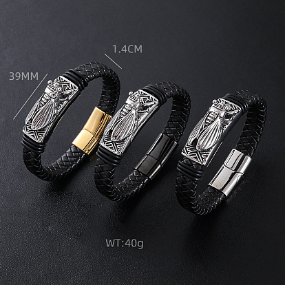 Браслеты из плетеного шнура из искусственной кожи в стиле панк, 304 Браслеты с подвесками в виде цикад из нержавеющей стали для мужчин, с магнитной застежкой