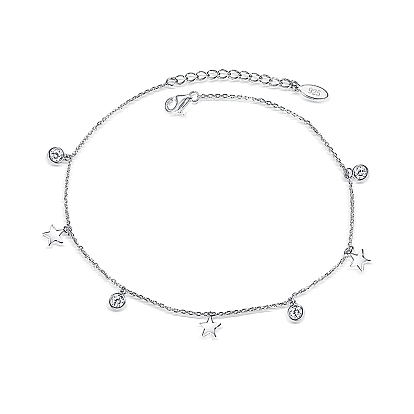 Bracelets en argent sterling avec micro pavé de zircones cubiques transparentes et breloques rondes et étoiles, platine