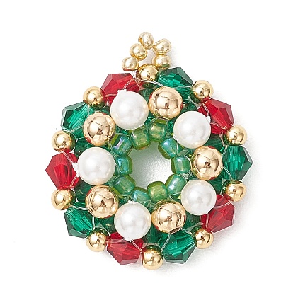 Стеклянные подвески, Рождественский венок, с круглыми бусинами из латуни и ракушек, граненые