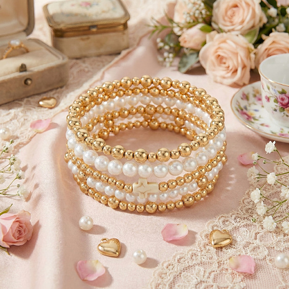 Imitation Pearl & Acrylic Round Beaded Stretch Bracelet Sets, Multi-Layer Adjustable Stackable Bracelets for Women, White