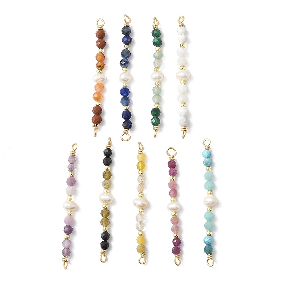 Подвески-шармы с гранеными круглыми натуральными драгоценными камнями и натуральными культивированными пресноводными жемчужинами, с петлями из медной проволоки, золотой свет