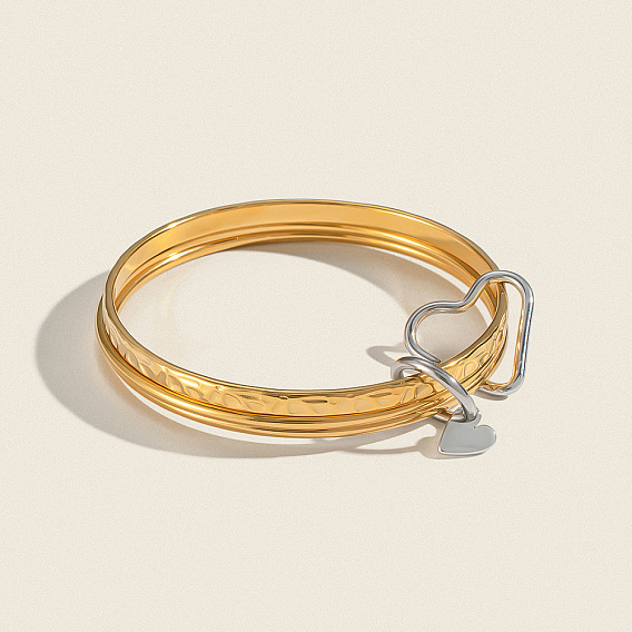 304 Stainless Steel Textured 3-Strand Bangle Sets with Heart Links, Stackable Bangles for Women