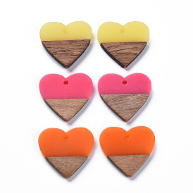 Opaque Resin & Walnut Wood Pendants, Two Tone, Heart