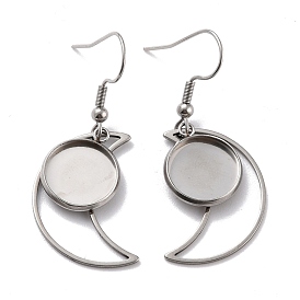 201 Stainless Steel Earring Hooks, with Moon Blank Pendant Trays, Flat Round Setting for Cabochon