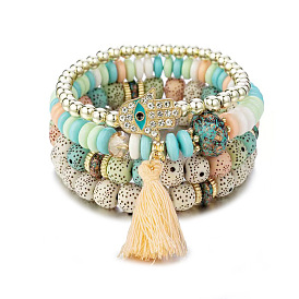 Bracelet style ethnique bohème avec paume mauvais oeil, Gland multicouche étoile lune bracelet en perles bijoux