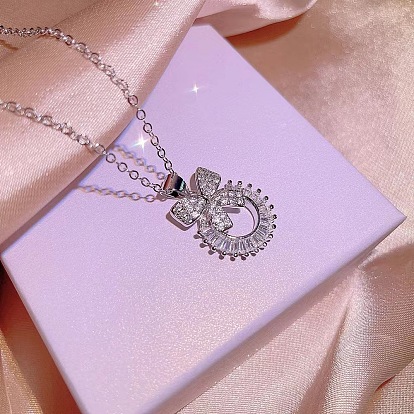 Кольцо-бантик из сплава с прозрачным кубическим цирконием, подвеска-ожерелье для женщин