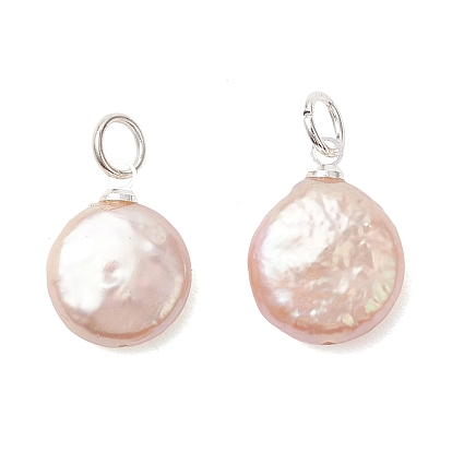 Подвески из натурального барочного жемчуга кеши, плоские круглые подвески из жемчужин с кристаллами, с фурнитурой из латуни и нержавеющей стали., розовые