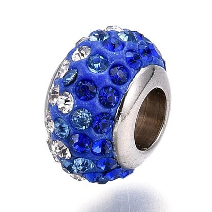 304 Stainless Steel Polymer Clay Rhinestone European Beads, Stainless Steel Color Core, Large Hole Rondelle Beads, 12x8mm, Hole: 5mm