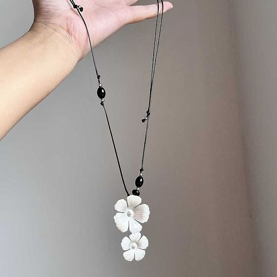 Brass Resin Flower Pendant Adjustable Black Imitation Leather Cord Necklaces for Women