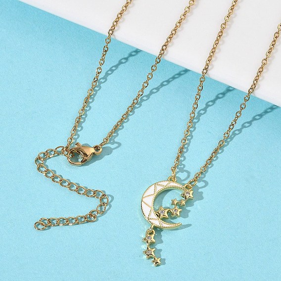Латунный кулон с микропаве из прозрачных кубических цирконий, белая луна со звездой 304 цепочки из нержавеющей стали для женщин, вакуумное покрытие pvd, с эмалью