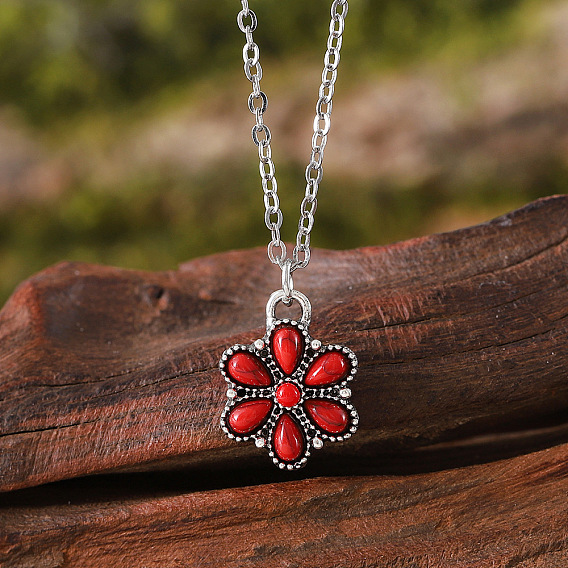 Ожерелья из сплава паве из синтетической бирюзы с подвеской в виде цветка, платина