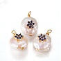 Natural Cultured Freshwater Pearl Pendants, with Cubic Zirconia and Brass Findings, Flat Round with Flower