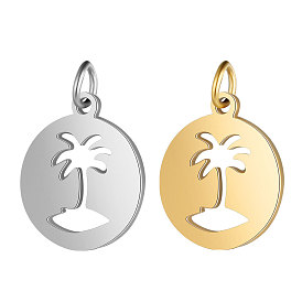 201 Stainless Steel Pendants, Flat Round with Coconut Tree