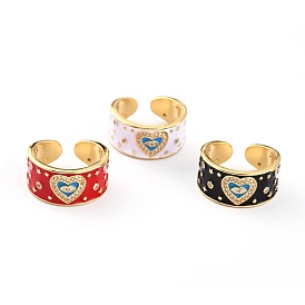 Brass Micro Pave Clear Cubic Zirconia Cuff Rings, Open Rings, with Enamel, Heart with Evil Eye