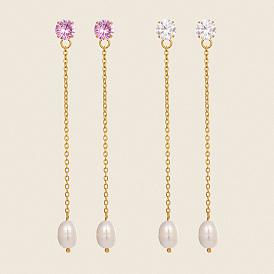 Овальные 304 из нержавеющей стали мотаться серьги стержня, с кубическим цирконием и пресноводным жемчугом, реальный 18 k позолоченный