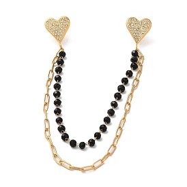 304 Stainless Steel Micro Pave Clear Cubic Zirconia & Dyed Black Stone Heart Hanging Chain Brooch