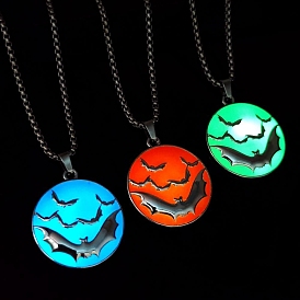 Luminous Glow in the Dark Alloy Halloween Bat Pendant Nekclaces, Steel Box Chain Necklaces