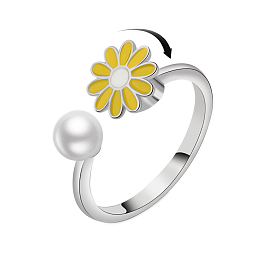 Daisy Rotatable Cuff Ring for Calming Worry Meditation, Brass Enamel Fidget Spinner Open Ring