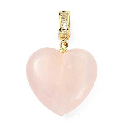 Природного розового кварца подвески, сердце прелести, с латунными креплениями для штифтов, инкрустированными прозрачным кубическим цирконием., золотые