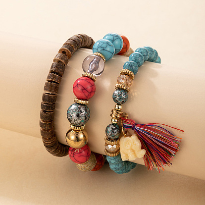 Bohemian Tassel Multi-layer Bracelet with Elephant Wood Beads and Texture, 3 Layers