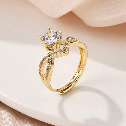 Кольца для женщин с микропаве из латуни и прозрачными кубическими цирконами, плоско-круглые, без кадмия, без никеля и без свинца, стойки покрытие, долговечный, ионное покрытие (ip)