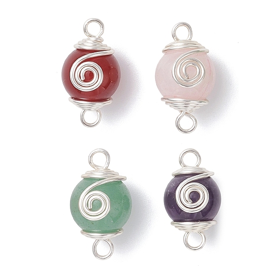4 шт. 4 стили круглые подвески-соединители из натурального сердолика, розового кварца, аметиста и зеленого авантюрина, с обмоткой из медной проволоки, смешанные окрашенные и неокрашенные