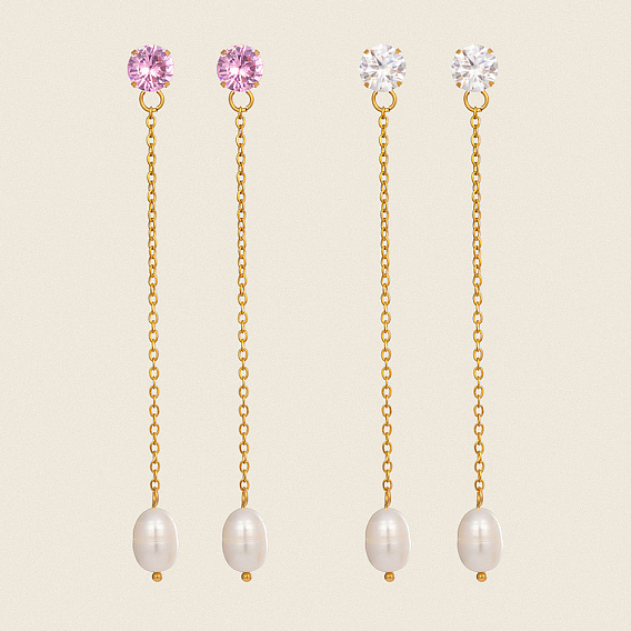 Овальные 304 из нержавеющей стали мотаться серьги стержня, с кубическим цирконием и пресноводным жемчугом, реальный 18 k позолоченный