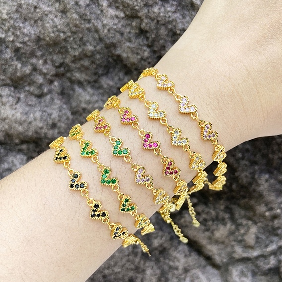 Браслеты с звеньями из латуни и циркония в виде сердца для женщин с микропаве