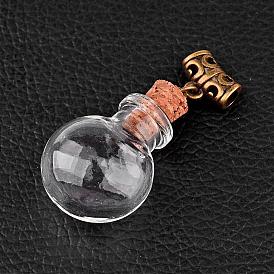 Round Glass Bottle Pendants for Bead Containers, with Tampions and Alloy Tube Bails, Antique Bronze, 43x20x13mm, Hole: 3mm