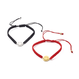 Nylon Thread Braided Bead Bracelet, with 201 Stainless Steel Flat Round with Smiling Face