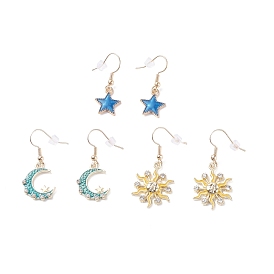 3 Pairs 3 Styles Star & Moon & Sun Alloy Enamel Dangle Earrings, Brass Jewelry for Women