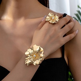 Flower Alloy Adjustable Rings & Cuff Bangle Set for Women, with Plastic Imitation Pearl