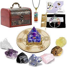 Chakra Gemstone Reiki Energy Stone Display Decorations Sets,  Includ Wooden Box and Necklace and Velvet Bags and Pendulum Board
