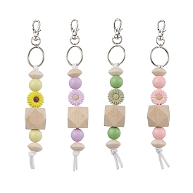 Wood & Acrylic & Silicone Beaded Keychain, with Alloy Swivel Clasps and Iron Split Key Rings