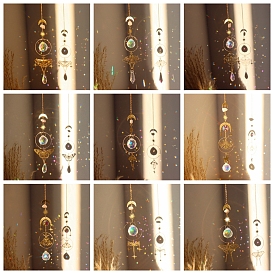 Natural Rose Quartz Brass Moon & Star Hanging Ornaments, Teardrop Glass Tassel Suncatchers for Home Outdoor Decoration