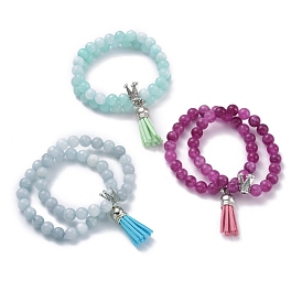 Dyed Natural Chalcedony Round Beads Stretch Bracelets Set for Girl Women, Crown Alloy Bead and Tassel Charm Bracelets, Antique Silver & Platinum