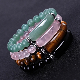 Natural & Synthetic Mixed Gemstone Curved Rectangle Beaded Stretch Bracelet